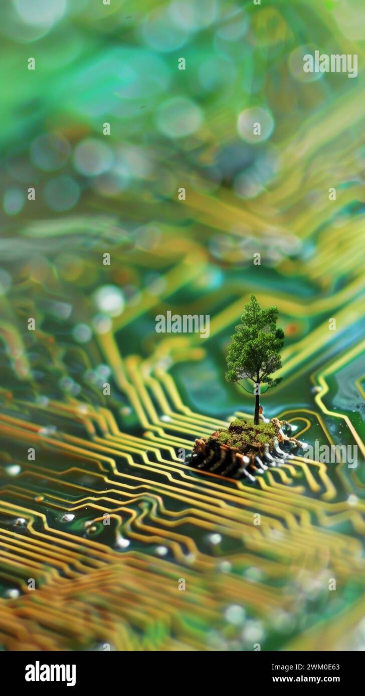 Alberello che è scoppiato dal computer, dal circuito stampato, dal germoglio di alberi verdi sul chip del computer. Concetto di scienza, tecnologie del futuro, inte artificiale Foto Stock