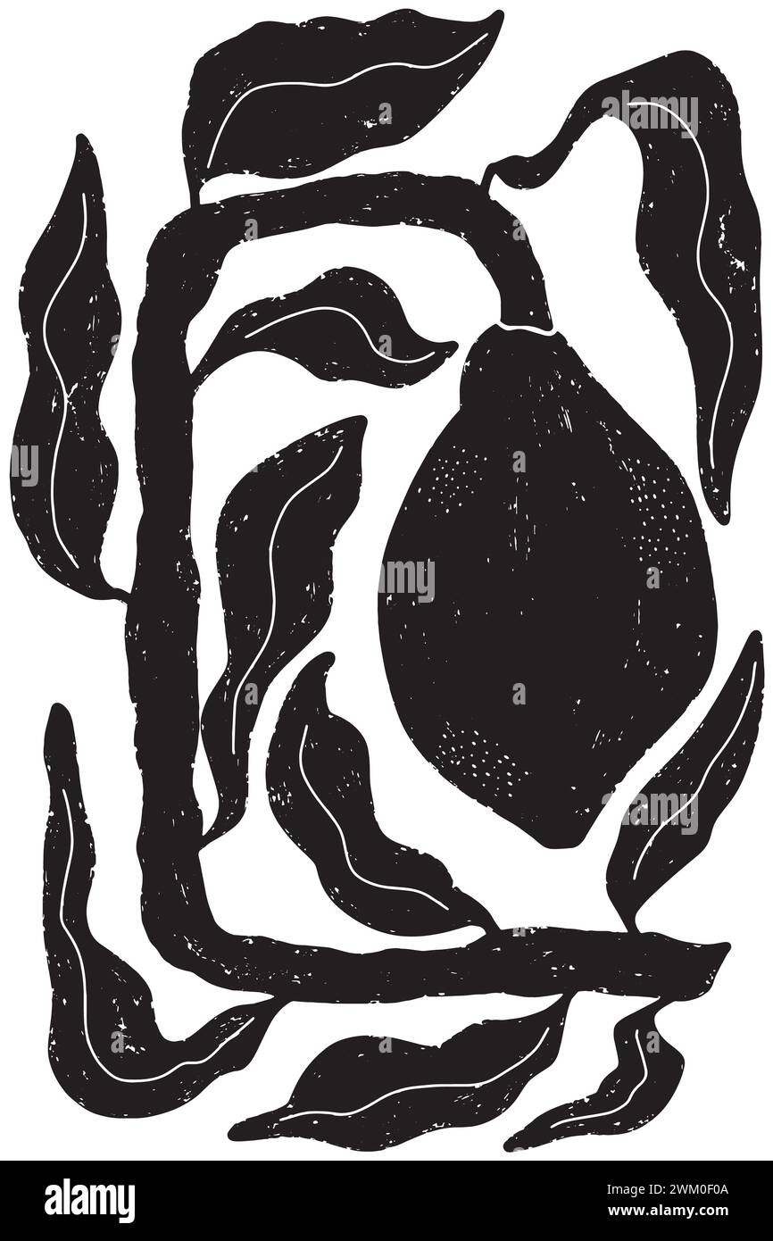 Limone su un ramo, Matisse. Composizione di consistenza nera con limone e foglie. Nello stile di linocut, stampa, inchiostro. Vettore Foto Stock