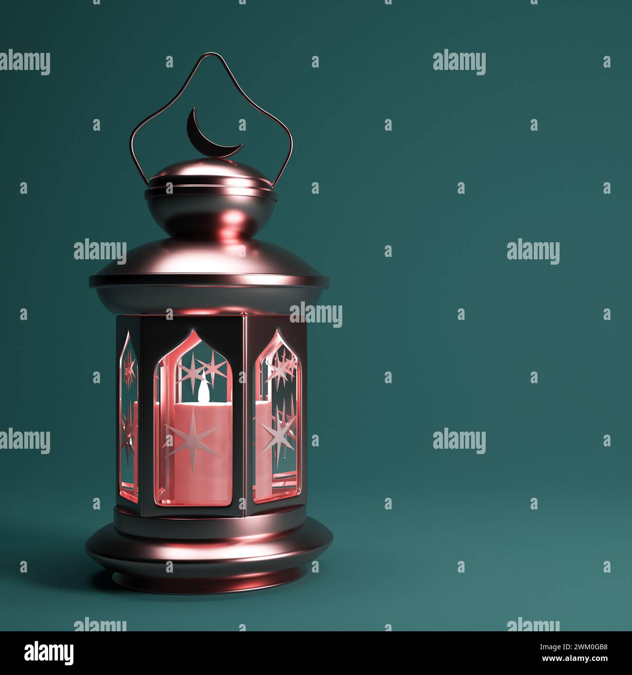 Sfondo Ramadan con lanterna araba dorata e spazio di copia, rendering 3d. Disegno della carta da parati del mese Santo musulmano Ramadan Kareem. Foto Stock