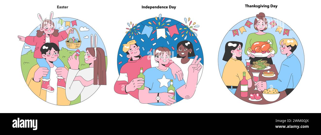 Le tradizioni natalizie sono ambientate. Caccia all'uovo di Pasqua, fuochi d'artificio per il giorno dell'indipendenza, festa del Ringraziamento. Gioia di stagione con amici e parenti. Illustrazione vettoriale piatta Illustrazione Vettoriale