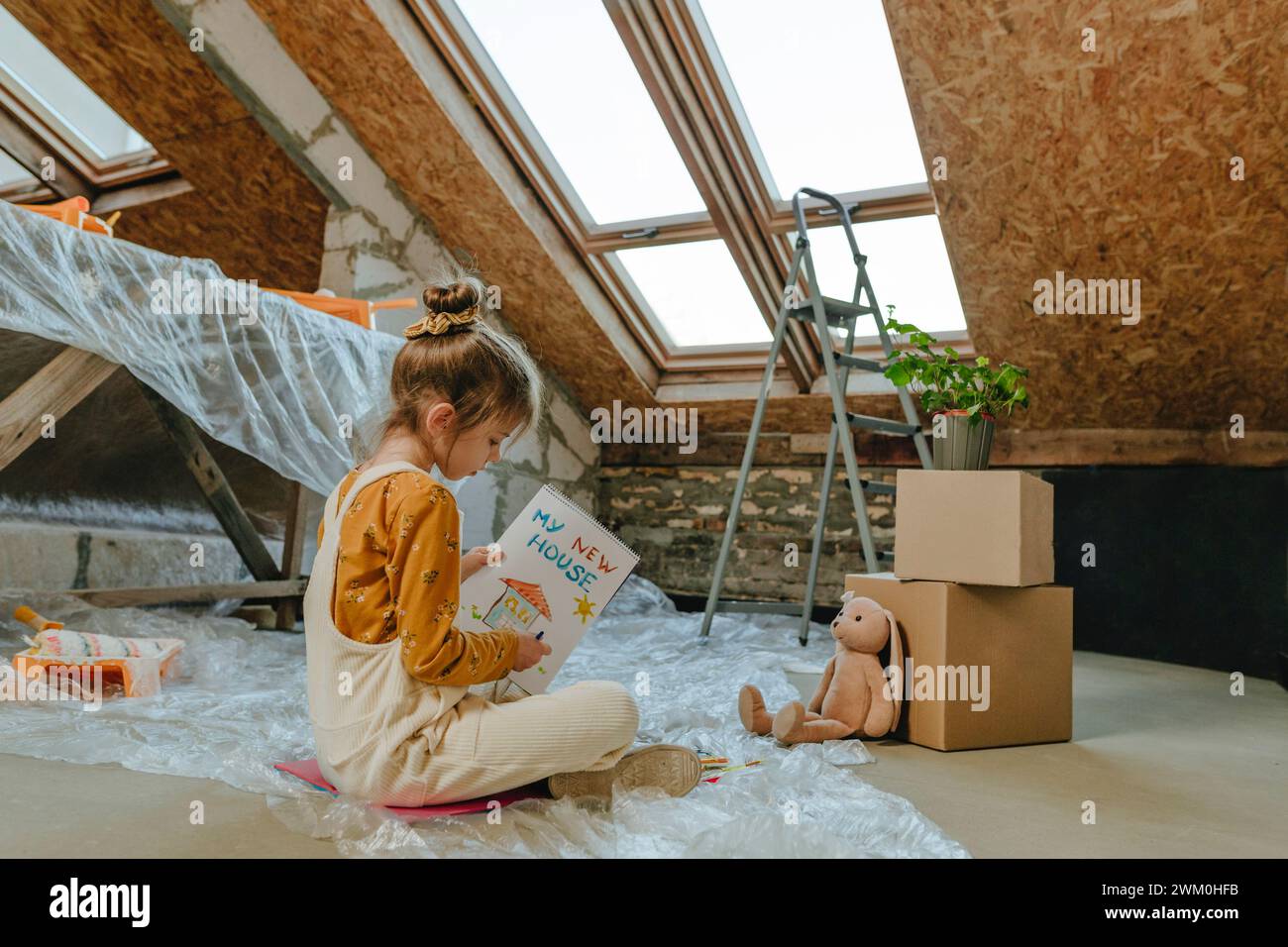 Ragazza che dipinge in un libro seduto vicino alla finestra del lucernario di casa Foto Stock