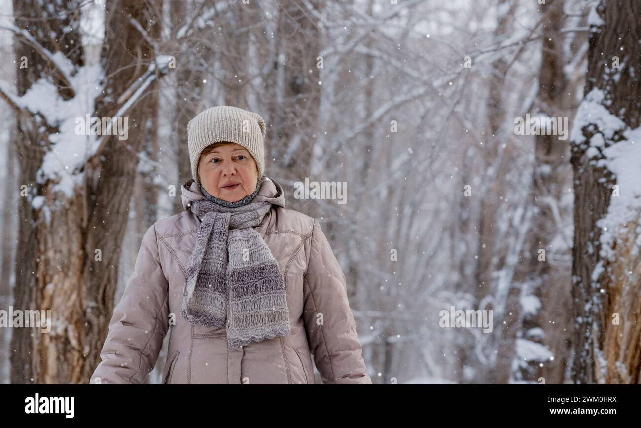 Donna anziana che indossa abiti caldi al parco in inverno Foto Stock