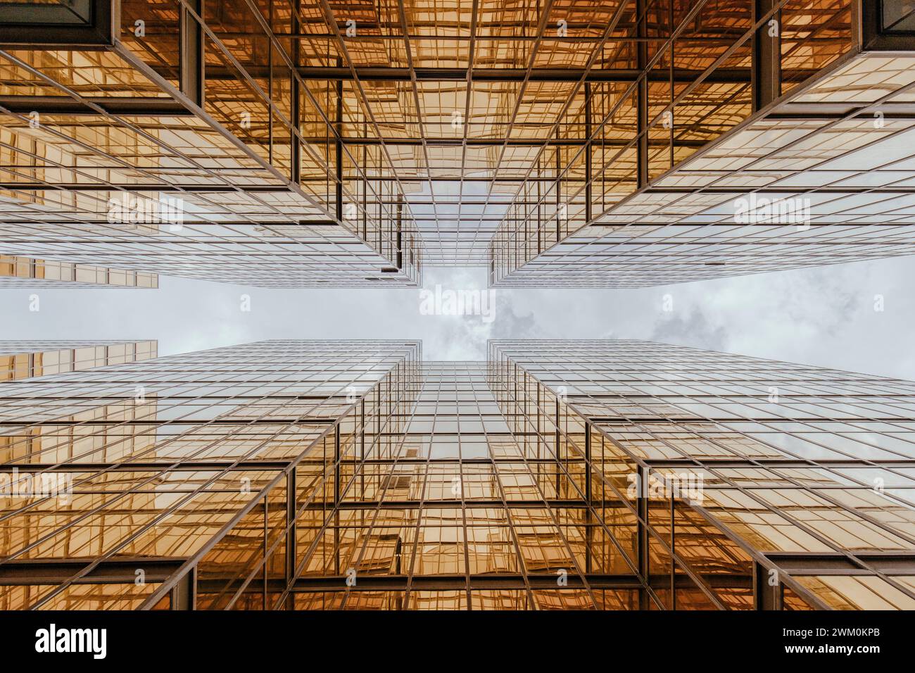 Moderni edifici in vetro dorato nella città di Hong Kong sotto il cielo Foto Stock