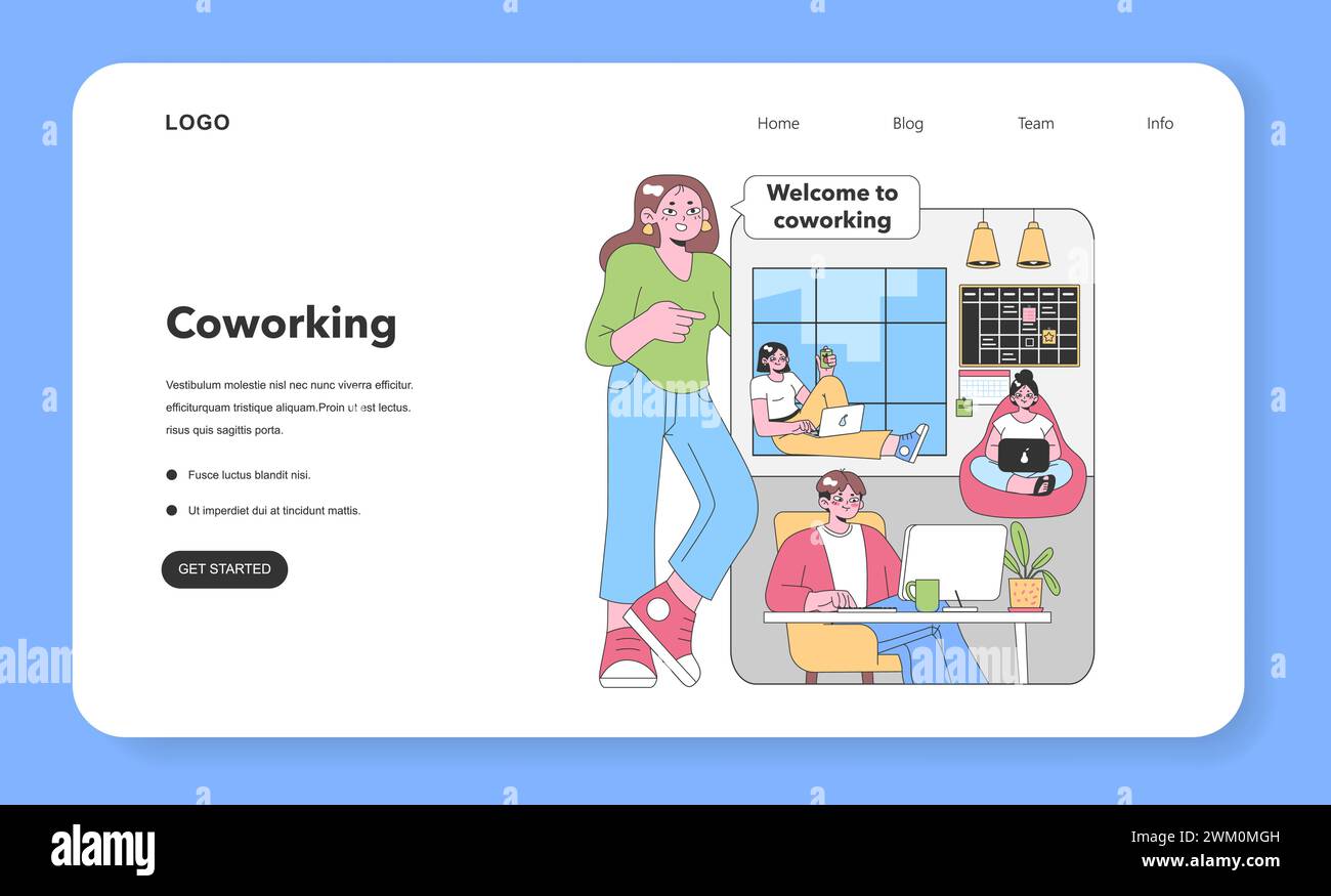 Moderno ambiente di coworking. Personaggi che collaborano in una sala luminosa con un pianificatore, computer portatili e un'atmosfera accogliente. Giornata lavorativa informale, condivisione di idee. Illustrazione vettoriale piatta. Illustrazione Vettoriale