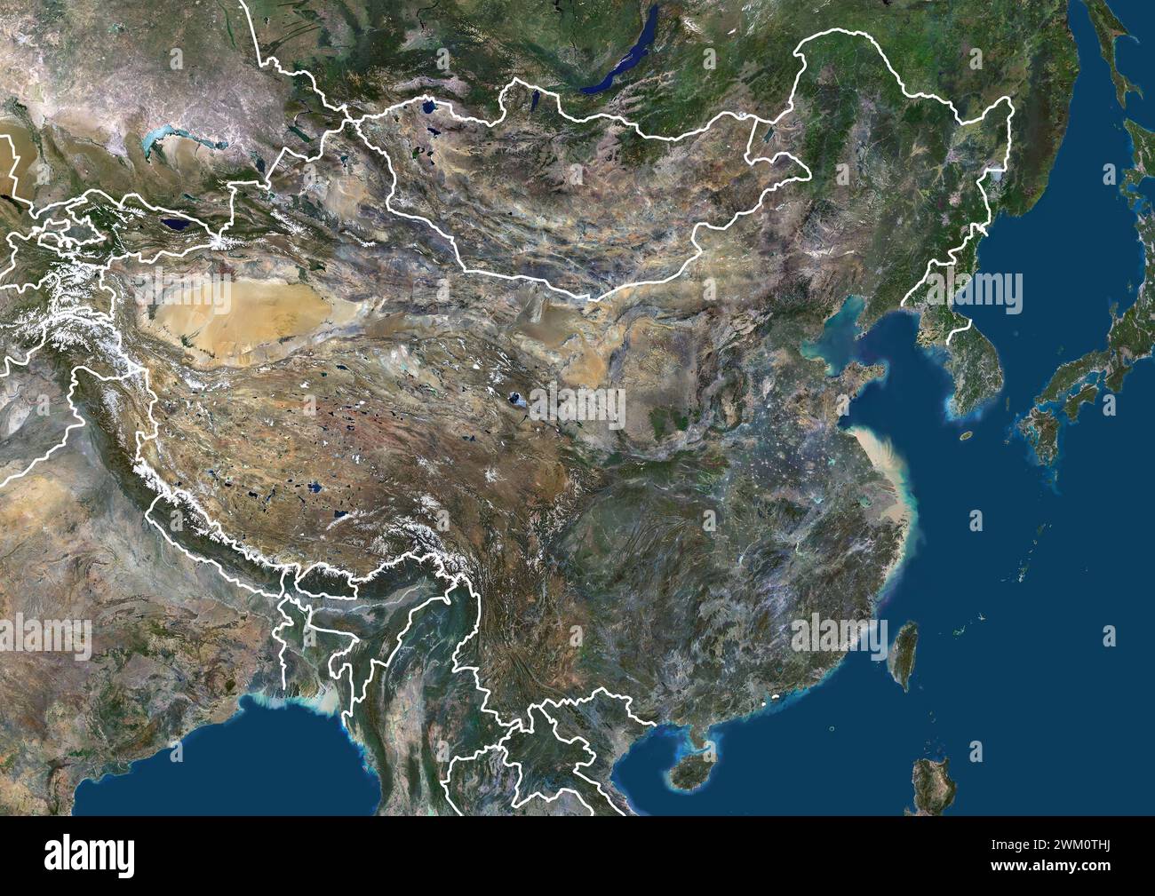 Immagine satellitare a colori dell'Asia orientale con la Cina al centro, con i confini. Foto Stock