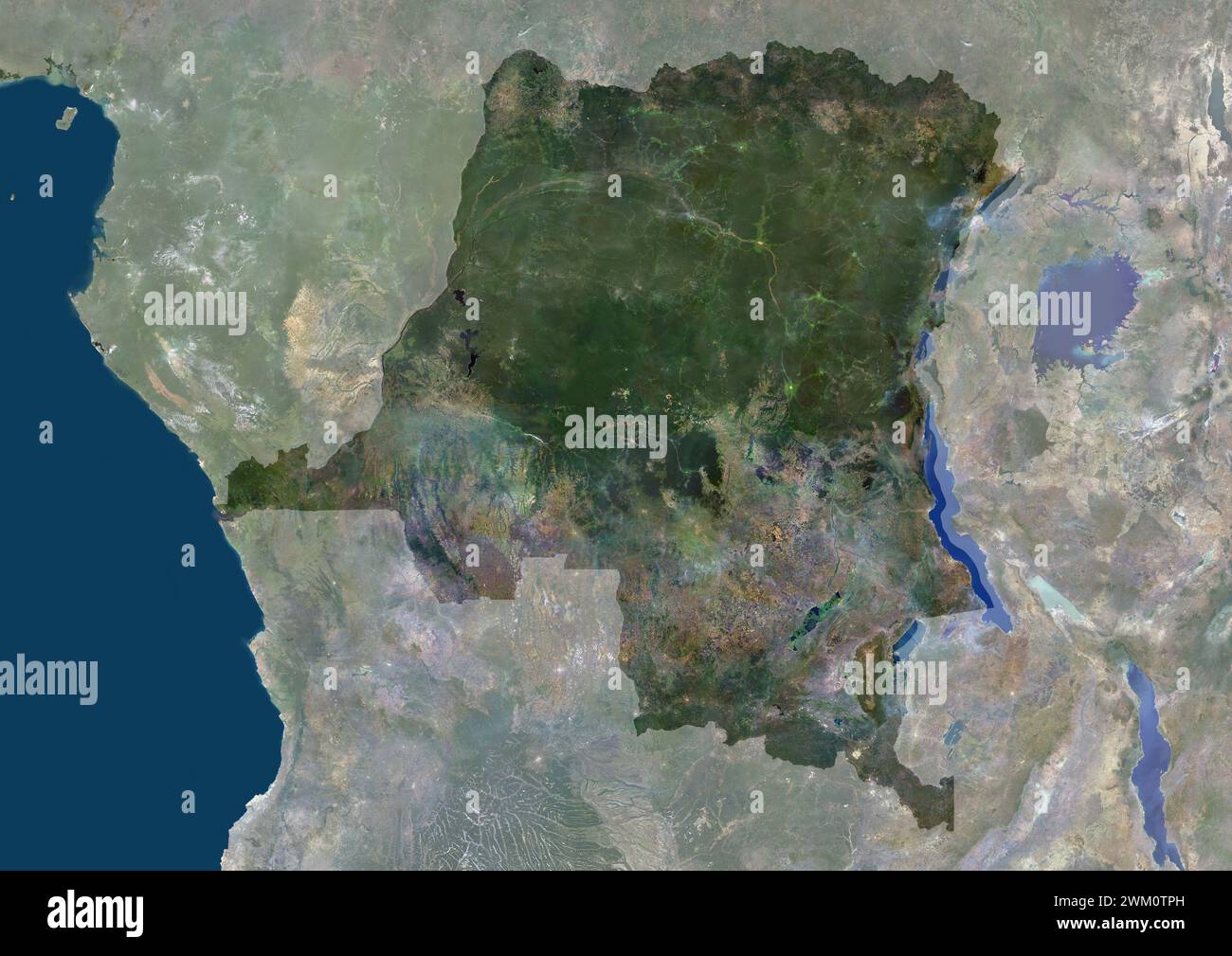 Immagine satellitare a colori della Repubblica Democratica del Congo, con maschera. Foto Stock