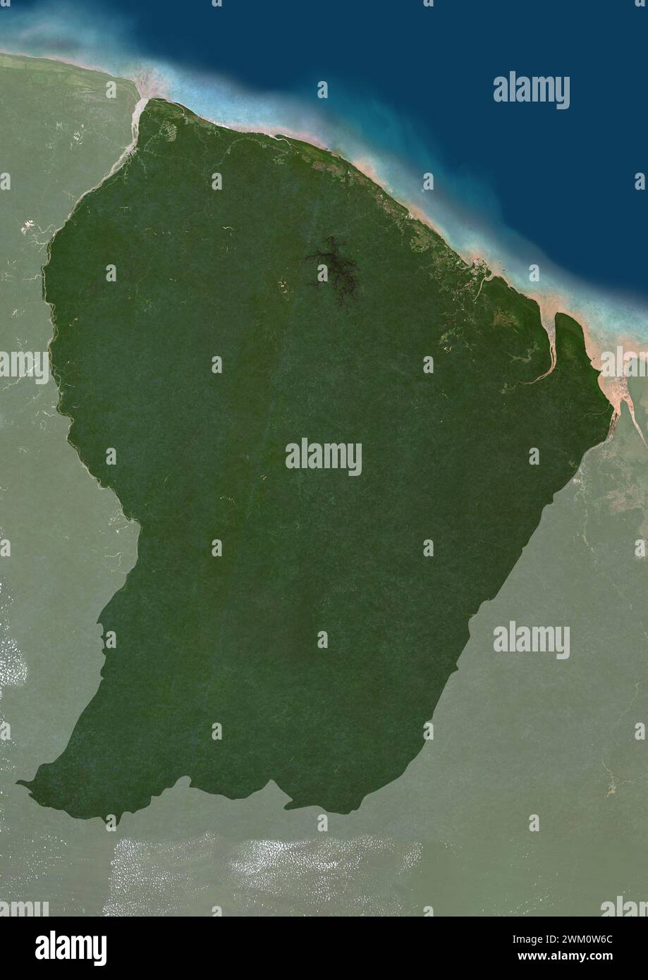 Immagine satellitare a colori della Guyana francese, con maschera. Foto Stock