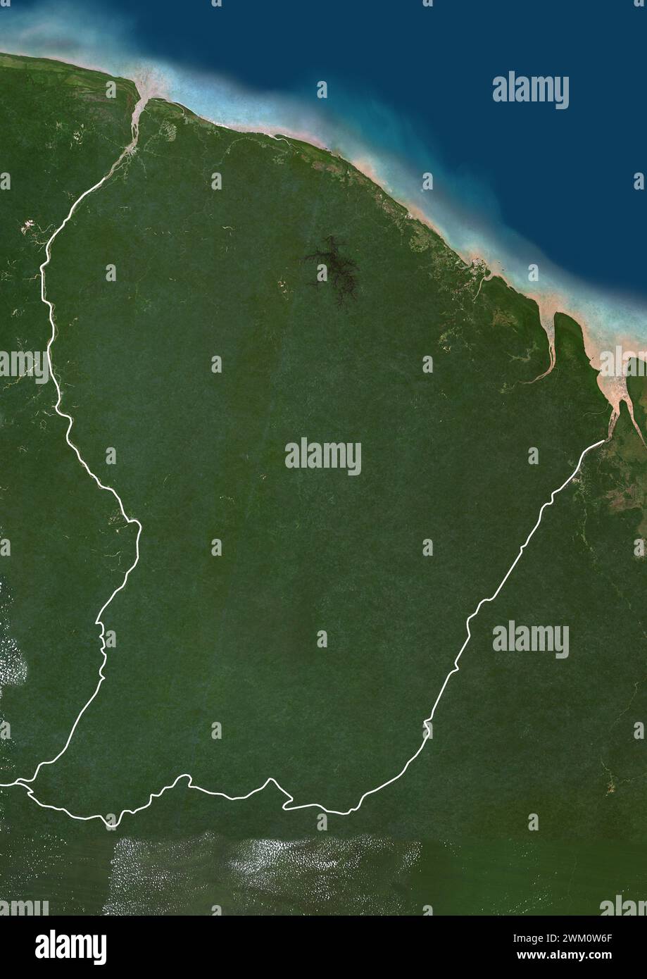 Immagine satellitare a colori della Guyana francese e dei paesi limitrofi, con confini. Foto Stock