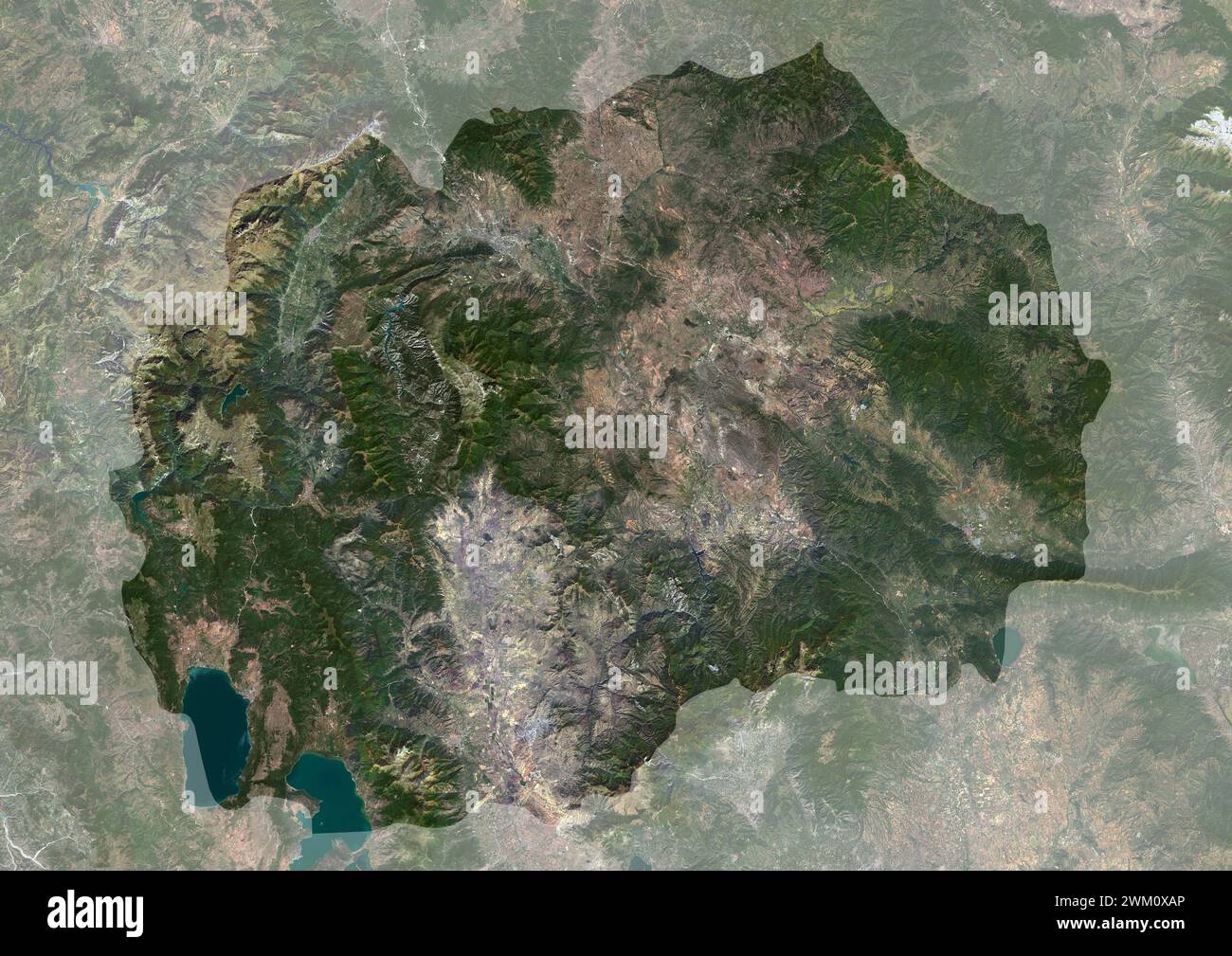 Immagine satellitare a colori della Macedonia del Nord, con maschera. Foto Stock