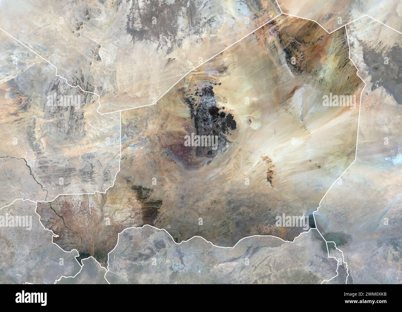 Immagine satellitare a colori del Niger, con bordi e maschera. Foto Stock