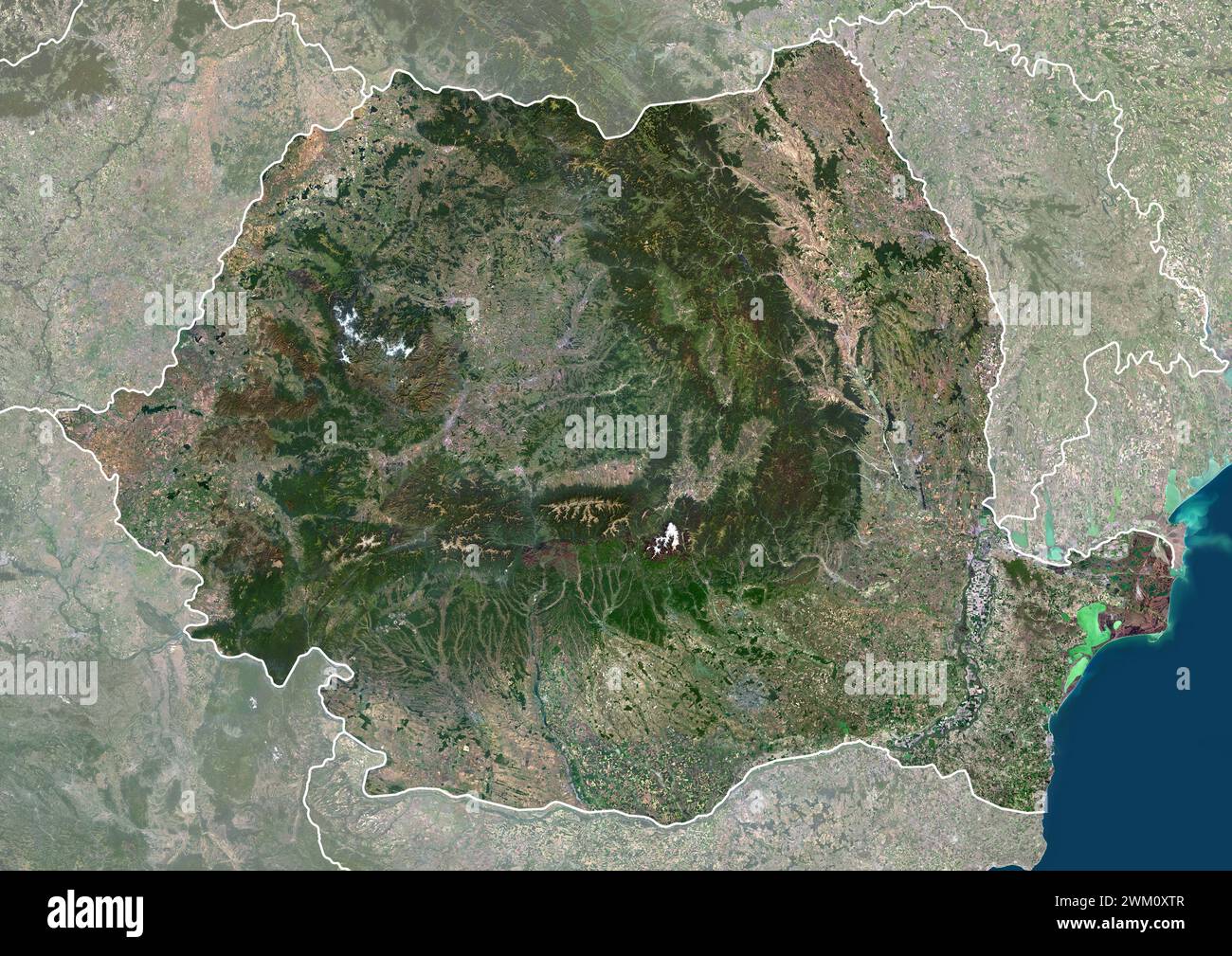 Immagine satellitare a colori della Romania, con bordi e maschera. Foto Stock