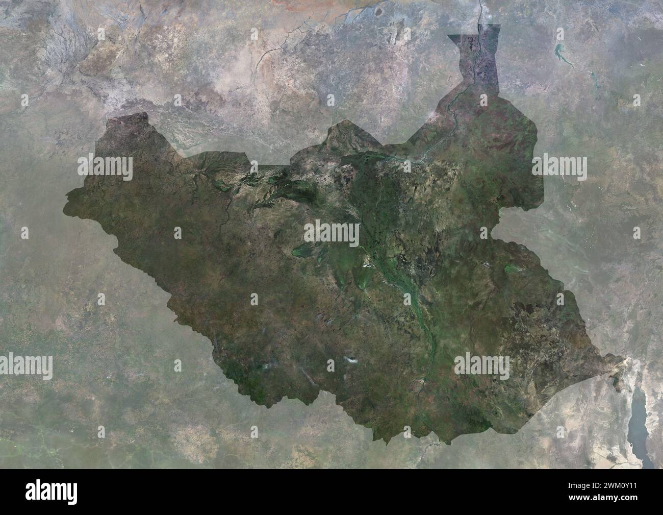 Immagine satellitare a colori del Sud Sudan, con maschera. Foto Stock