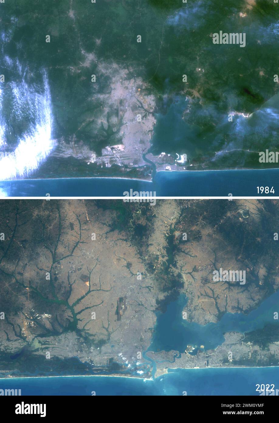 Immagine satellitare a colori di Lagos, Nigeria, nel 1984 e nel 2022. Foto Stock