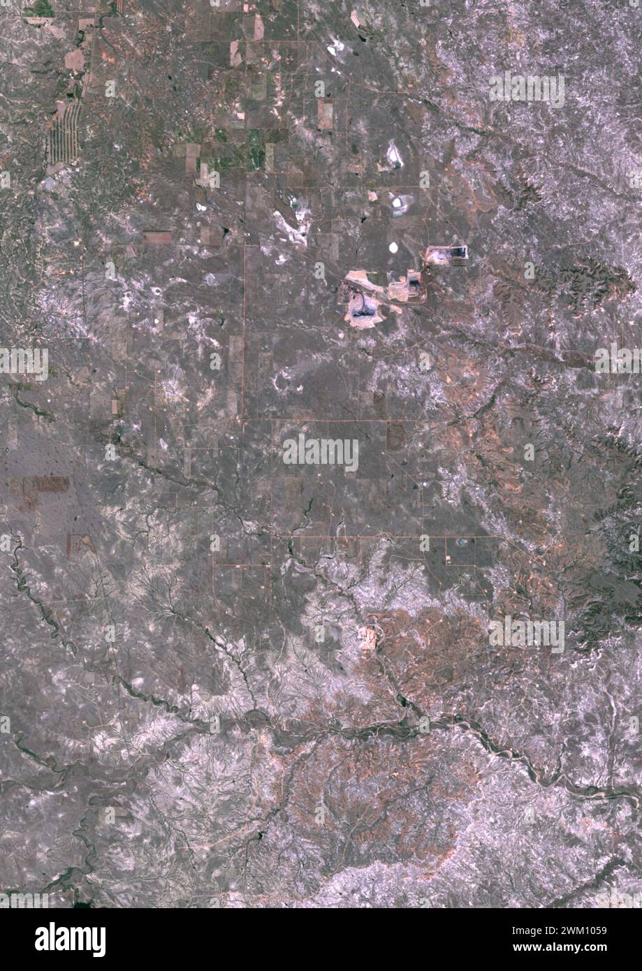 Immagine satellitare a colori di Campbell County, Wyoming, USA nel 1984. L'immagine mostra l'area all'inizio della miniera North Antelope Mine, aperta nel 1983, e la miniera Rochelle, aperta nel 1984. Foto Stock