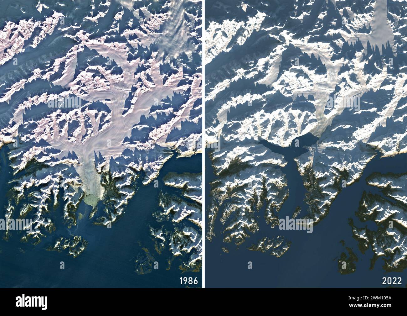 Immagine satellitare a colori del ghiacciaio Columbia nel 1986 e 2022. Foto Stock