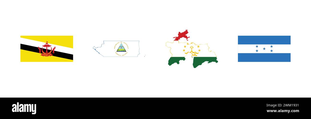 Bandiera del Brunei, Mappa della bandiera del Tagikistan, Mappa della bandiera del Nicaragua, bandiera dell'Honduras, collezione di logo del marchio popolare. Illustrazione Vettoriale
