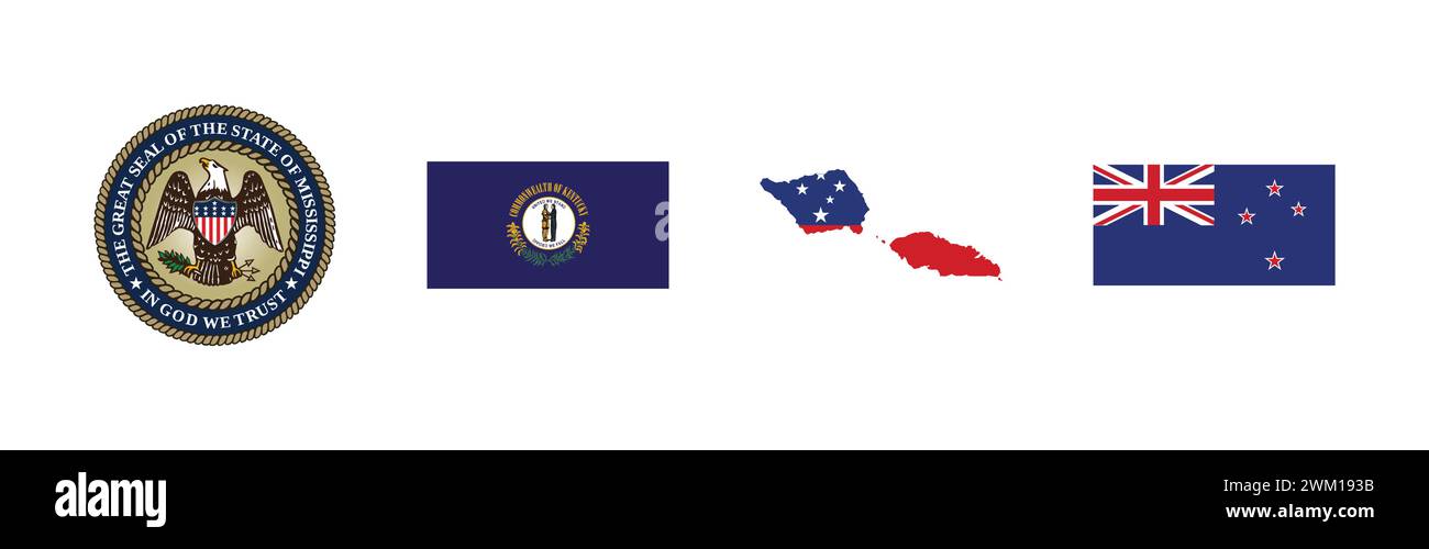 Bandiera della nuova Zelanda, mappa delle bandiere di Samoa, sigillo del Mississippi, bandiera del Kentucky, famosa collezione di logo del marchio. Illustrazione Vettoriale