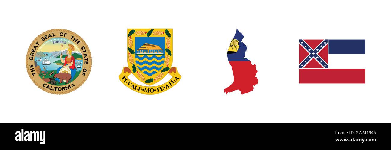 Bandiera del Mississippi , carta bandiera del Liechtenstein, sigillo della California , stemma di Tuvalu, collezione di logo di marca popolare. Illustrazione Vettoriale