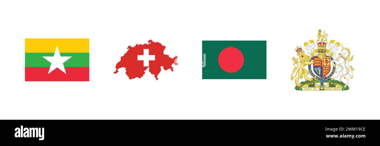 Cappotto d'armi del Regno Unito, bandiera della Svizzera, bandiera del Myanmar, bandiera del Bangladesh, marchio popolare collezione di logo. Illustrazione Vettoriale
