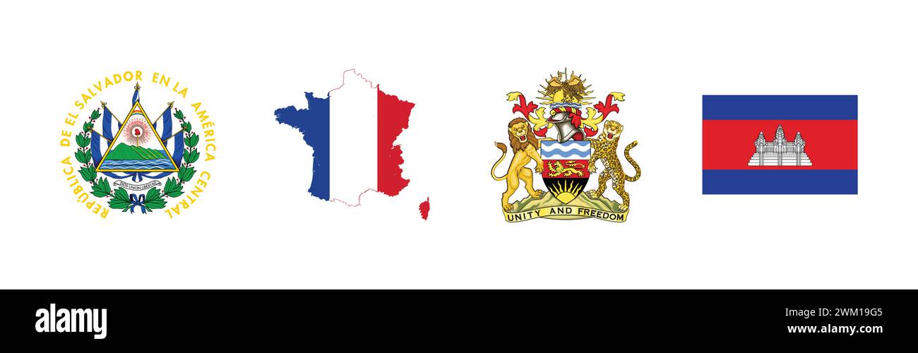 Bandiera della Cambogia, stemmi di El Salvador, bandiera mappa della Francia, stemma del Malawi, marchio popolare collezione di logo. Illustrazione Vettoriale