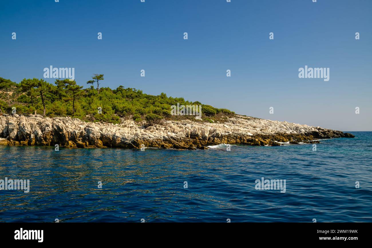 Una costa rocciosa e una vegetazione verde lussureggiante su un'isola di Thassos, Grecia Foto Stock
