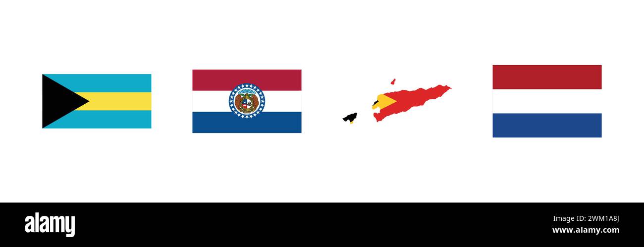 Bandiera dei Paesi Bassi, bandiera delle Bahamas, bandiera del Missouri, mappa delle bandiere di Timor Est, collezione di famosi marchi. Illustrazione Vettoriale