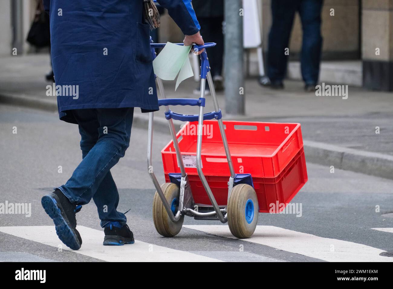 Düsseldorf 23.02.2024 Sackkarre Stechkarre Sackrolli Sackrodel Bierrodel Zebrastreifen Fußgämgerüberweg Dickstrichkette Düsseldorf Nordrhein-Westfalen Deutschland *** Dusseldorf 23 02 2024 camion a mano sacco carrello sacco sacco toboga birra toboga zebra attraversamento crosswalk catena linea spessa Dusseldorf Nord Reno Vestfalia Germania Foto Stock