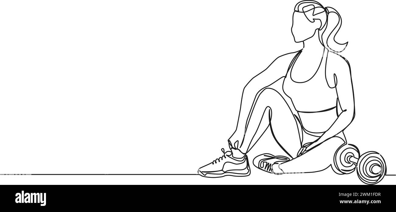 disegno continuo a linea singola di donna che si esercita con il manubrio in palestra, illustrazione vettoriale line art Illustrazione Vettoriale