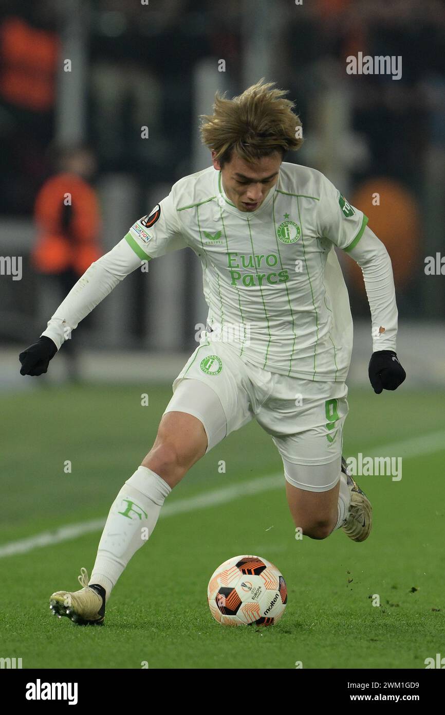 Roma, Italia. 22 febbraio 2024. Foto Alfredo Falcone/LaPresse 22 febbraio 2023 - Roma, Italia - sport, calcio - Roma vs Feyenoord - UEFA Europa League 2023-2024 - Stadio Olimpico di Roma. Nella foto: Ayase Ueda (Feyenoord) foto Alfredo Falcone/LaPresse 22 febbraio 2023 Roma, Italia - sport, calcio - Roma vs Feyenoord - UEFA Europe League 2023-2024 - Stadio Olimpico în Roma. Nella foto: Ayase Ueda (Feyenoord) credito: LaPresse/Alamy Live News Foto Stock