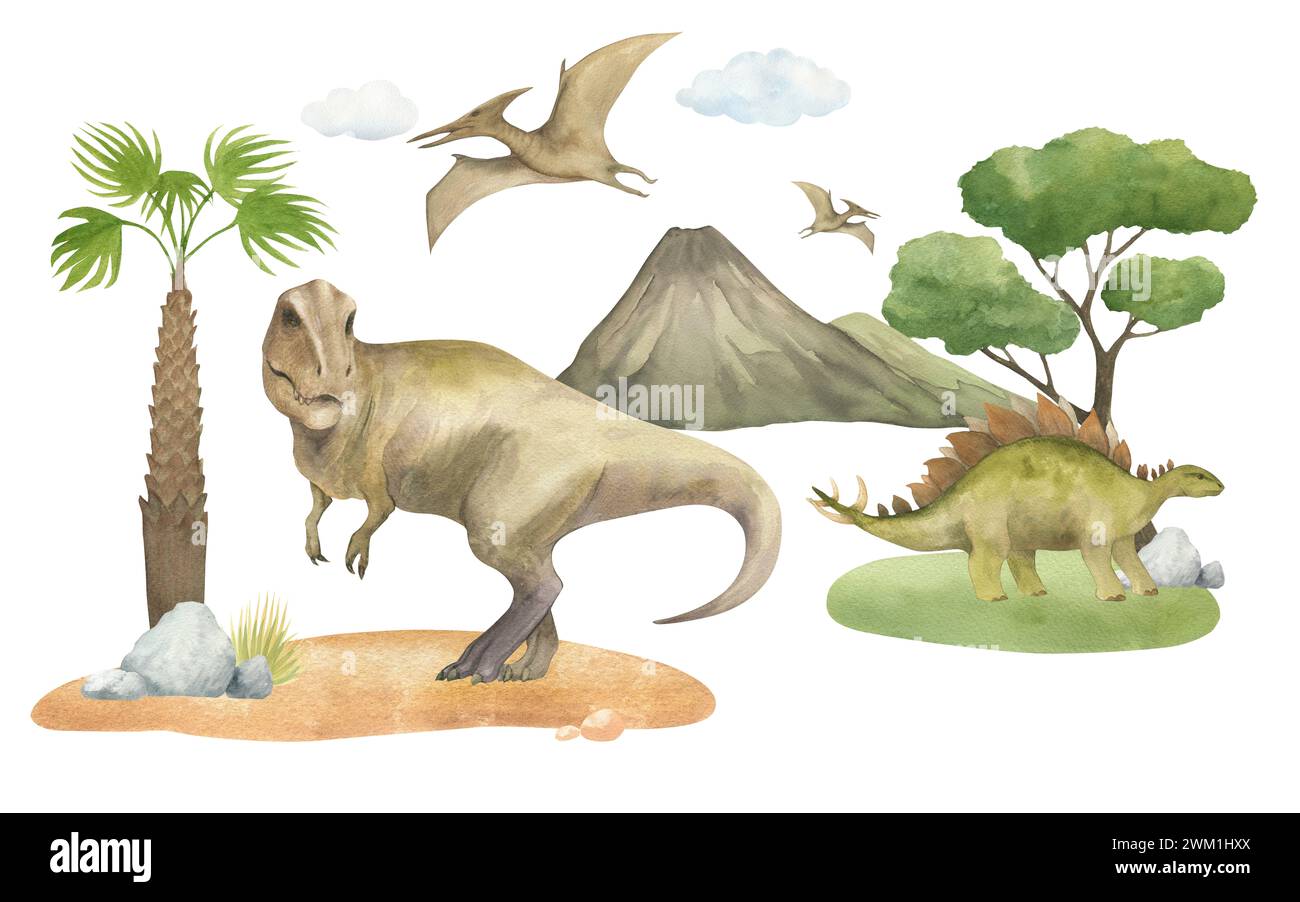 Illustrazione ad acquerello di un dinosauro Tyrannosaurus rex, stegosaurus e pterodattilo su erba verde con palme, montagne, nuvole, isolato. Per Foto Stock