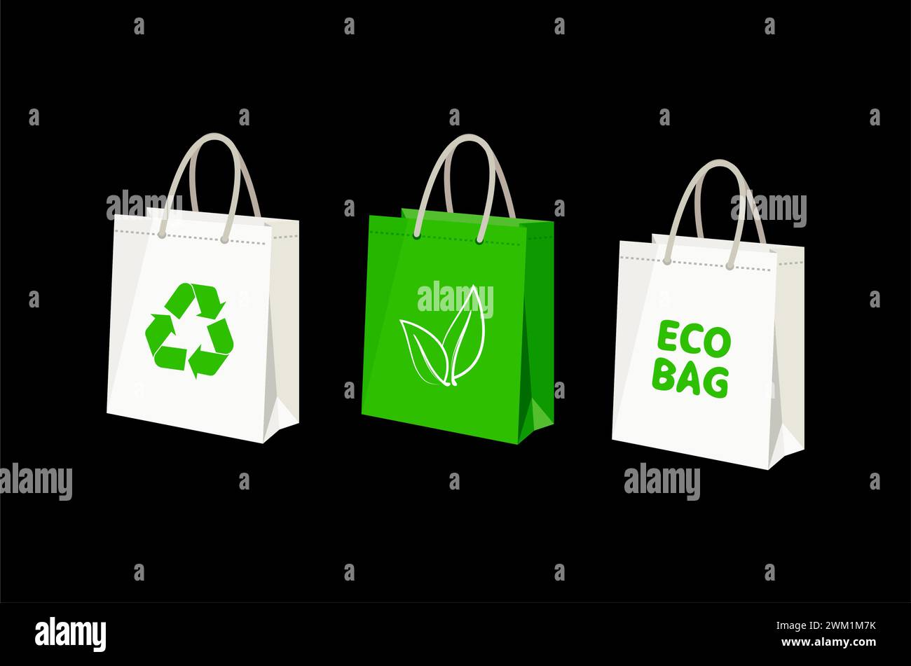 set vettoriale di ecosacchetti isolati su sfondo nero. ecologia, concetto zero rifiuti. borse della spesa con cartello di riciclo Illustrazione Vettoriale