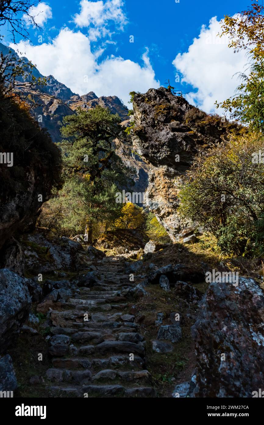 Splendido paesaggio dell'Himalaya lungo il percorso del campo base di Kanchenjunga Trek a Ghunsa, Taplejung, Nepal Foto Stock