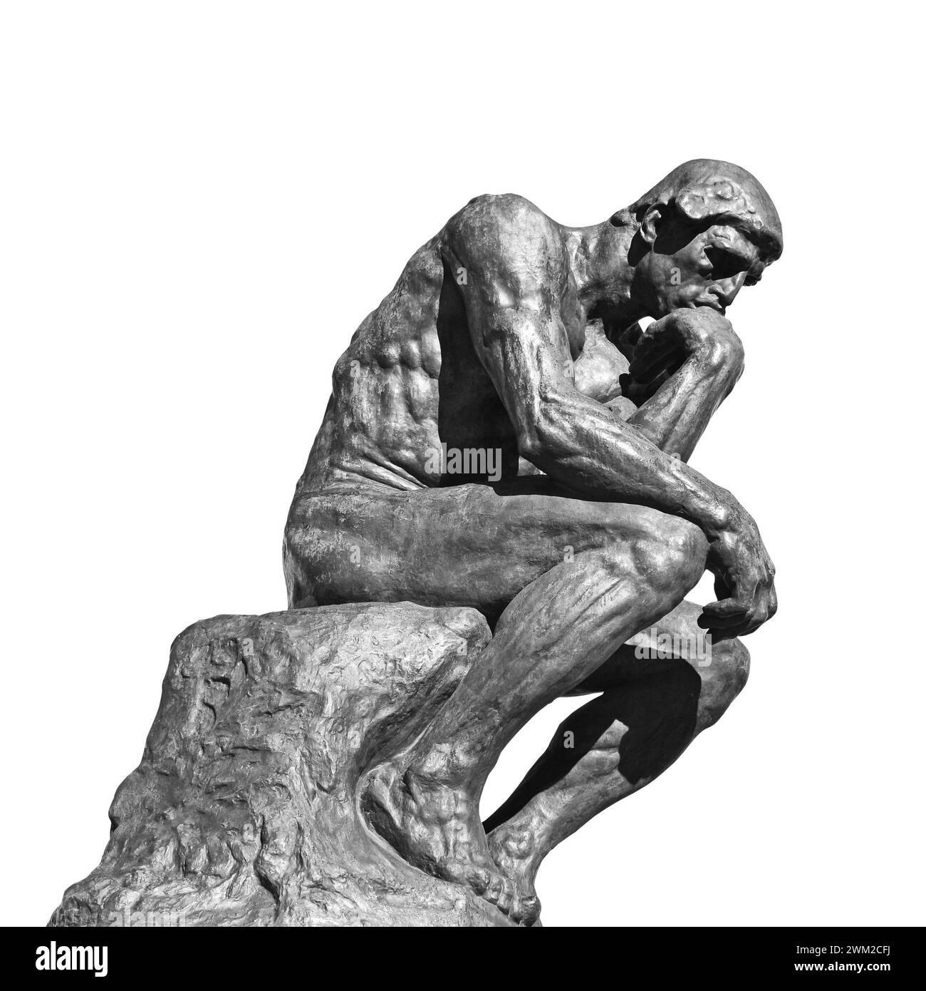 Il Pensatore una scultura in bronzo di Auguste Rodin isolata su sfondo bianco e una statua in bianco e nero Foto Stock