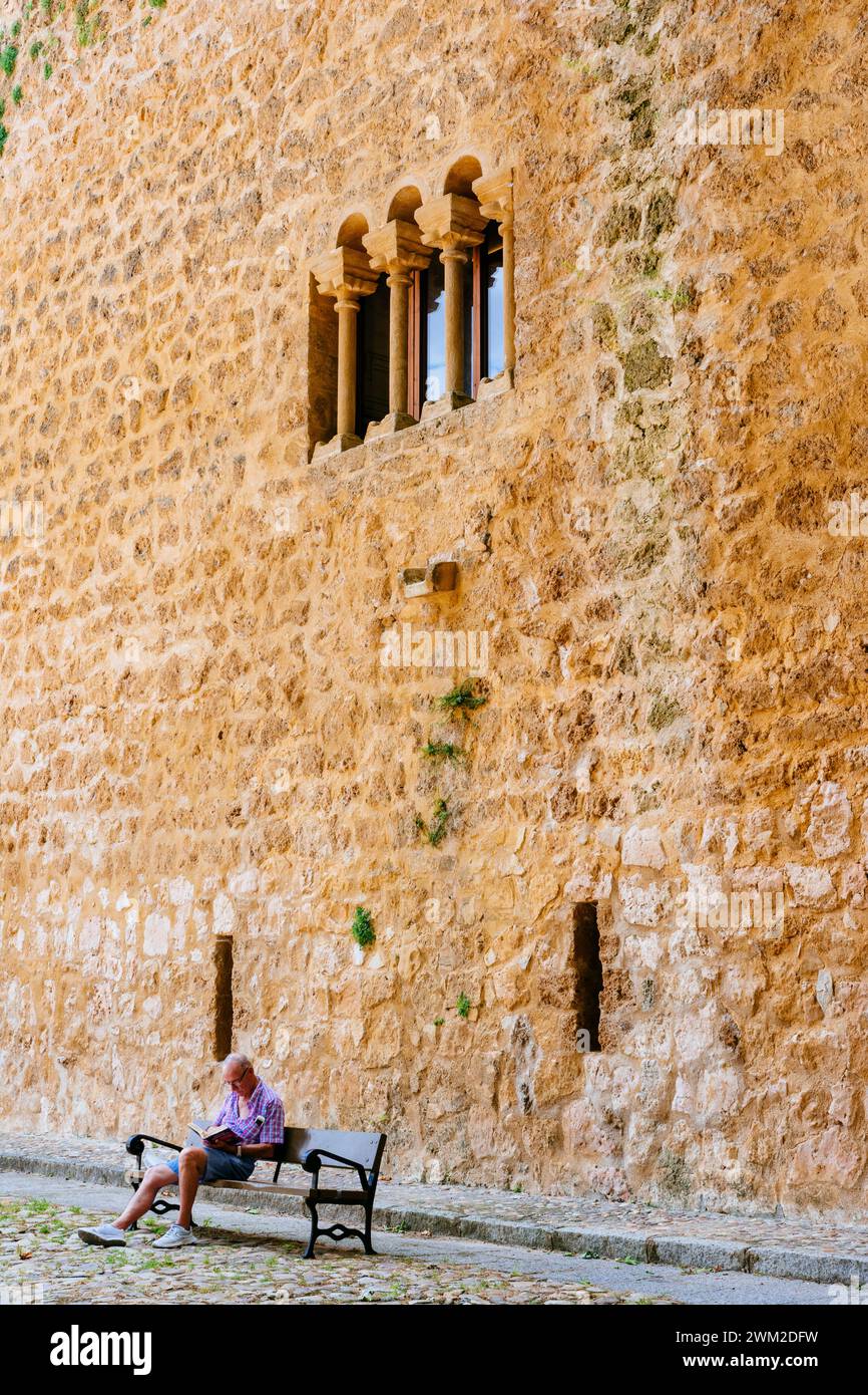 Tranquillità sotto il muro di pietra del castello Peña Bermeja. Prado de Santa Maria, Brihuega, la Alcarria, Guadalajara, Castilla la Mancha, Spagna, Euro Foto Stock