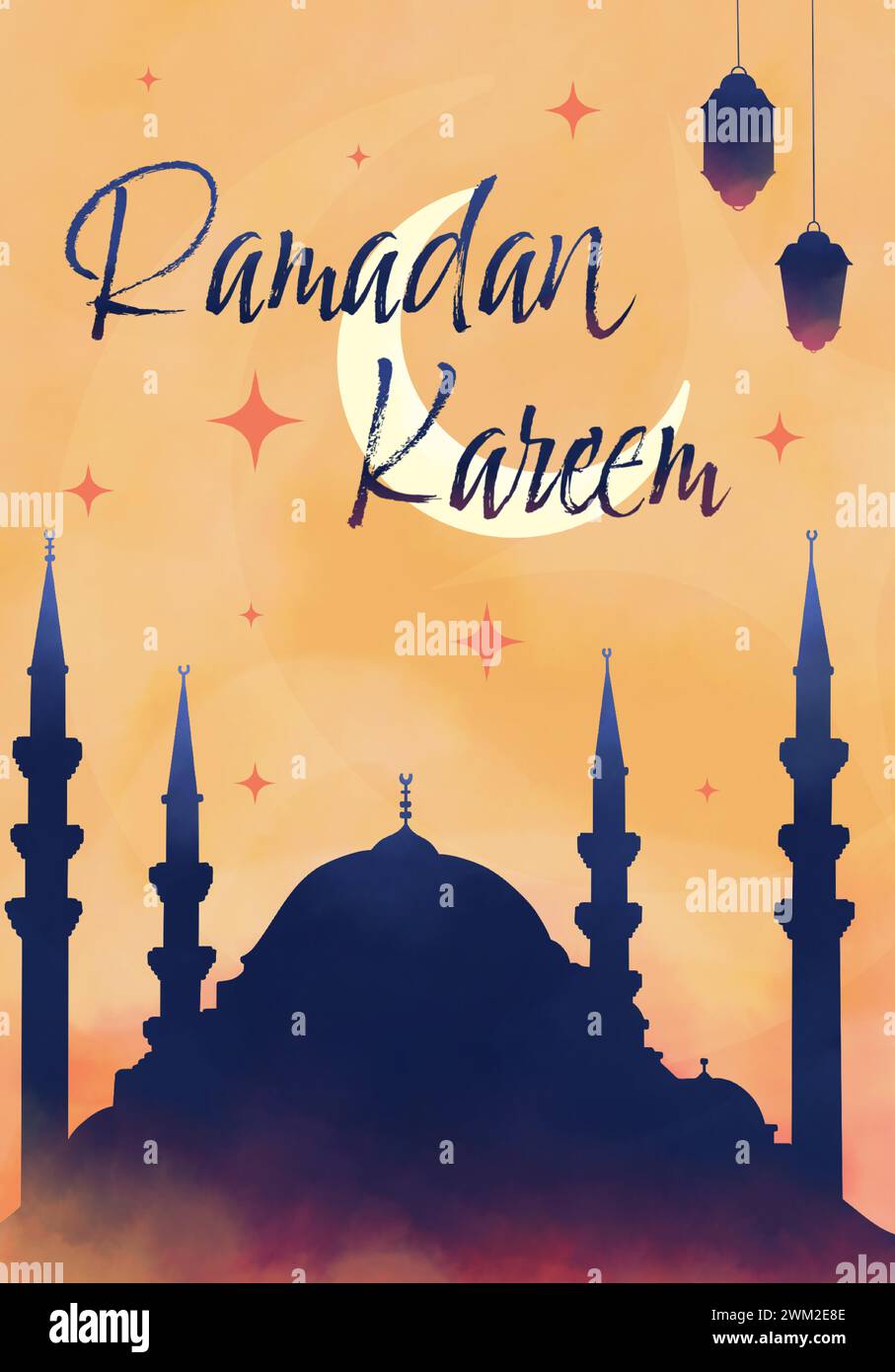 Biglietto d'auguri Ramadan, Ramadan Kareem. Sfondo islamico con moschea, lanterne e mezza luna Illustrazione Vettoriale