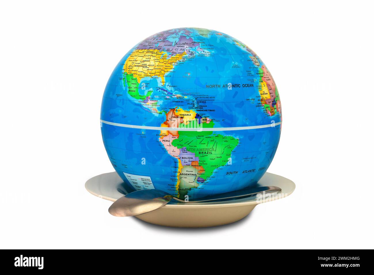 Globo all'interno di una piastra vuota che mostra gli Stati Uniti: Concetto di fame nel mondo. Il piatto vuoto simboleggia la mancanza di cibo. Foto Stock