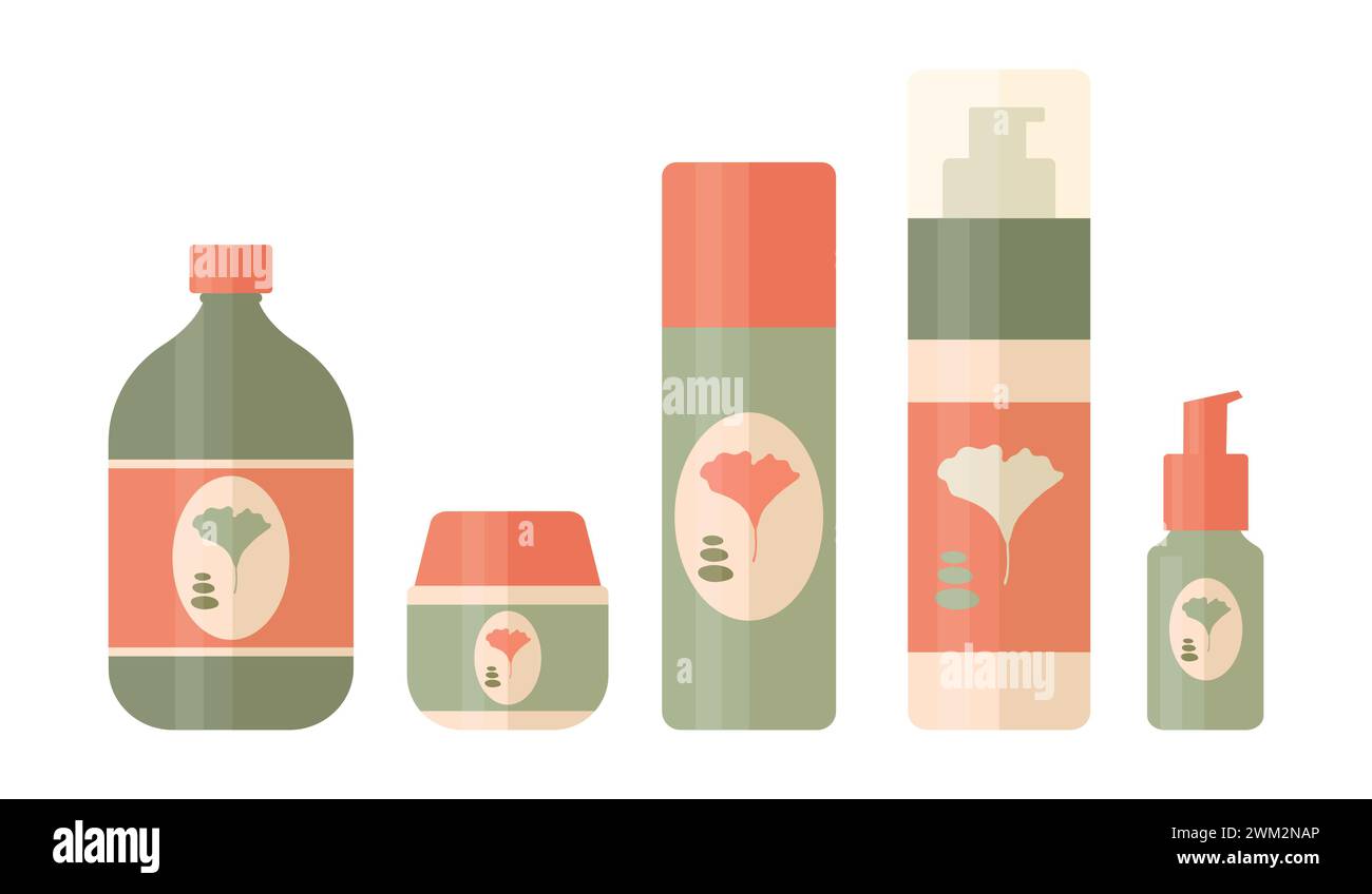 Set di strumenti cosmetici per la routine quotidiana di bellezza. Provette e biberon per la cura e la bellezza della pelle con logo in foglia di ginkgo biloba. Illustrazione vettoriale Illustrazione Vettoriale