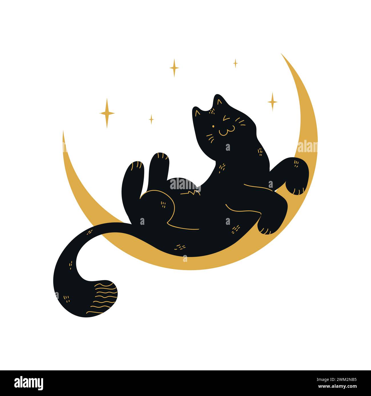 Divertente gatto nero sta sdraiato su una mezzaluna. Illustrazione vettoriale Illustrazione Vettoriale