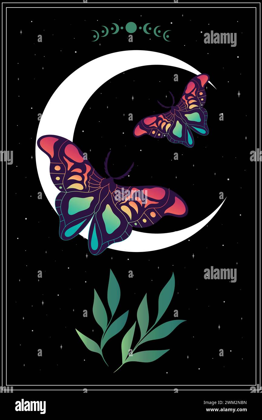 Sfondo celeste con farfalle color arcobaleno, stelle e luna crescente. Illustrazione vettoriale Illustrazione Vettoriale