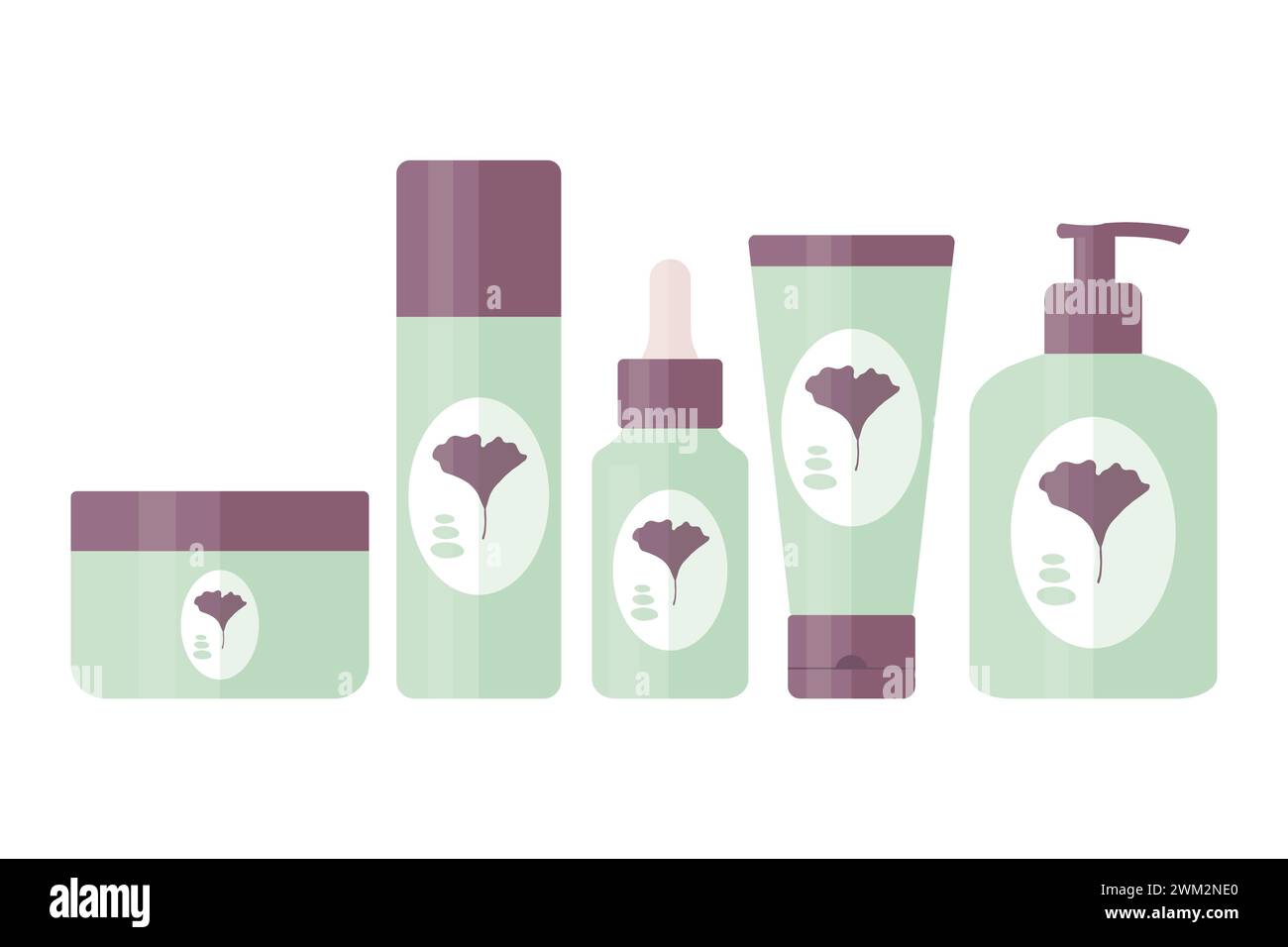 Set di strumenti cosmetici per la routine quotidiana di bellezza. Provette e biberon per la cura e la bellezza della pelle con logo in foglia di ginkgo biloba. Illustrazione vettoriale Illustrazione Vettoriale