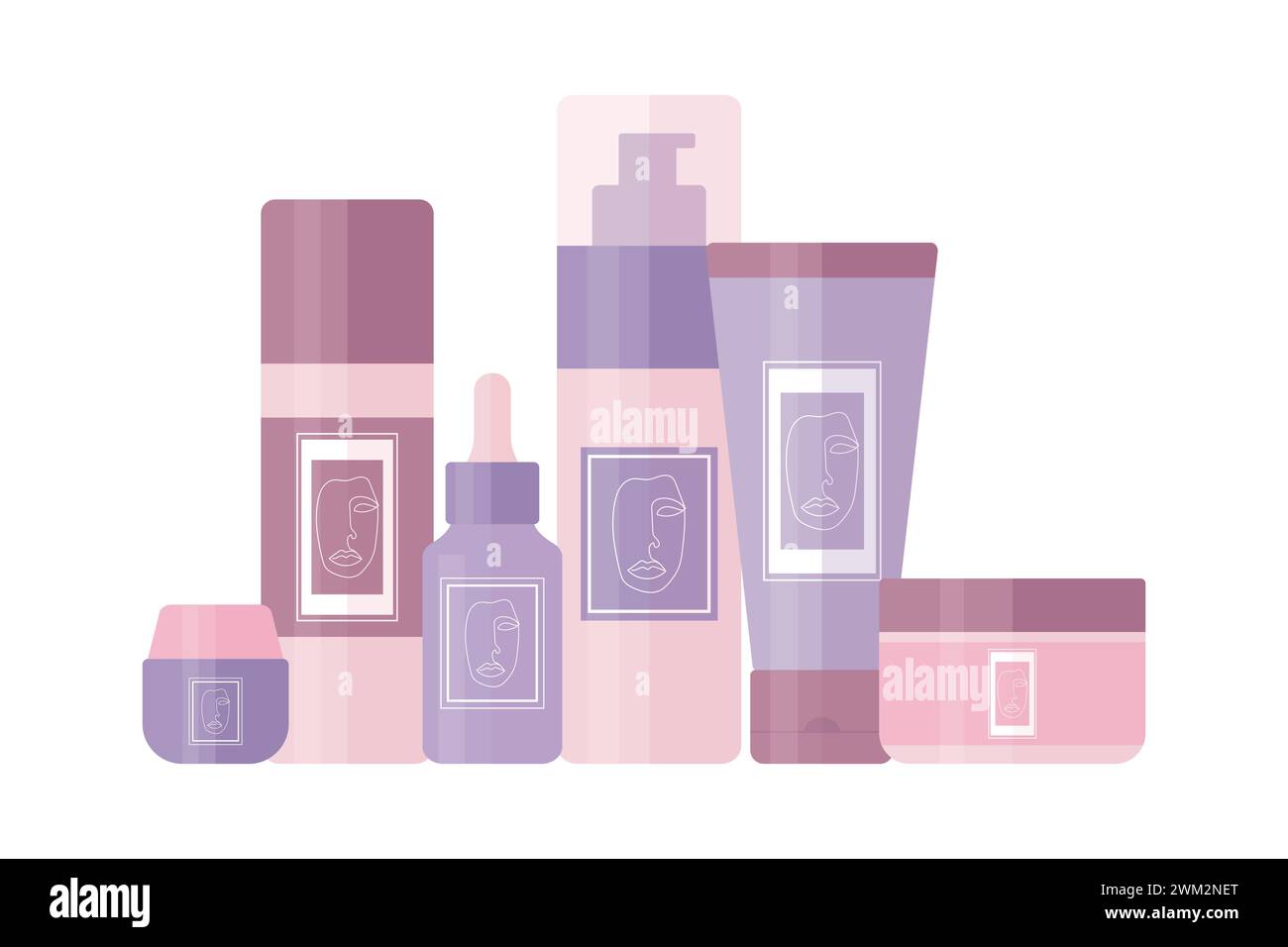 Set di prodotti cosmetici per la routine quotidiana di bellezza. Provette e flaconi per la cura e la bellezza della pelle con logo astratto per il viso femminile. Illustrazione vettoriale Illustrazione Vettoriale