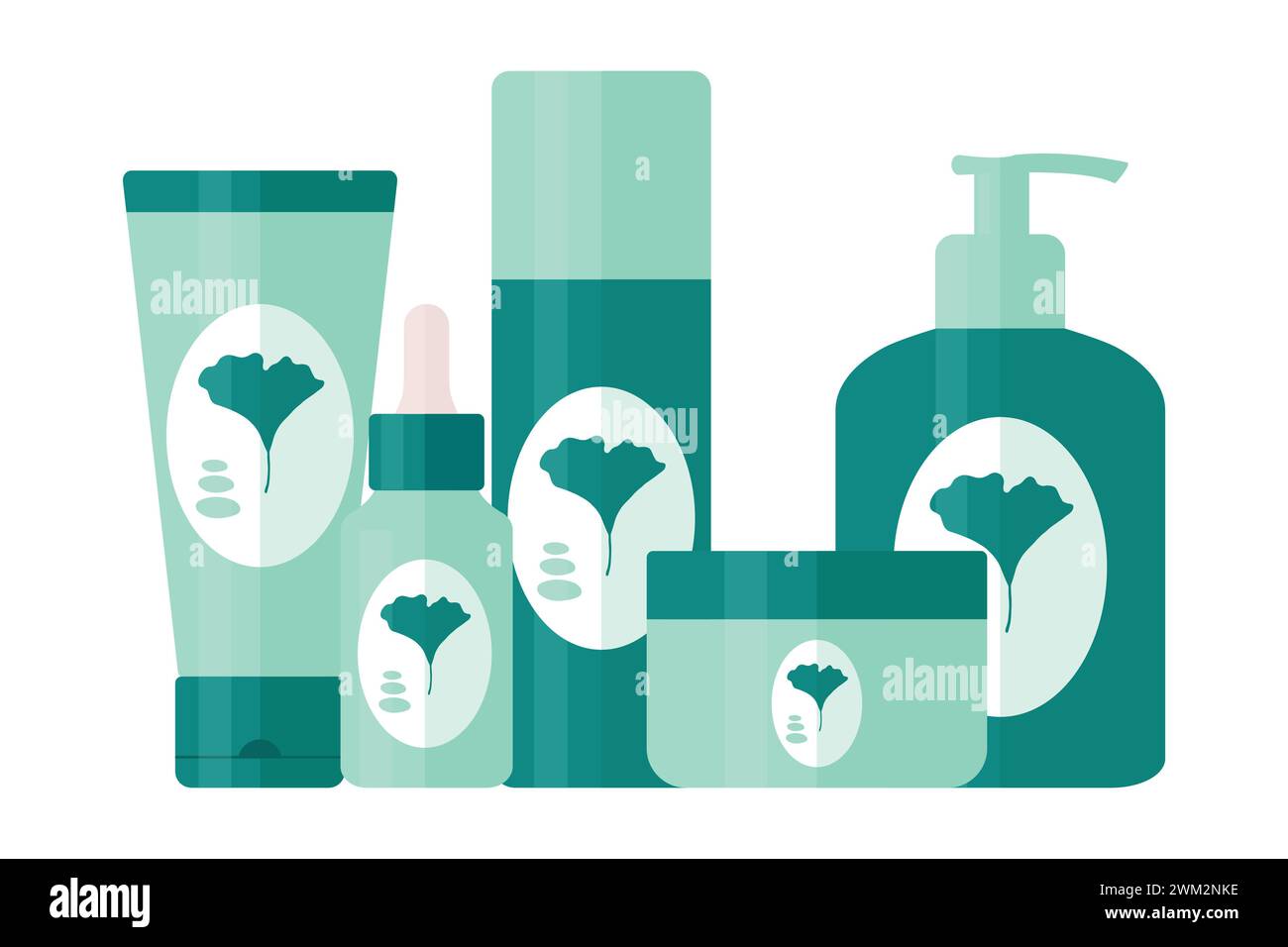 Set di prodotti cosmetici per la routine quotidiana di bellezza. Provette e biberon per la cura e la bellezza della pelle con logo in foglia di ginkgo biloba. Illustrazione vettoriale Illustrazione Vettoriale