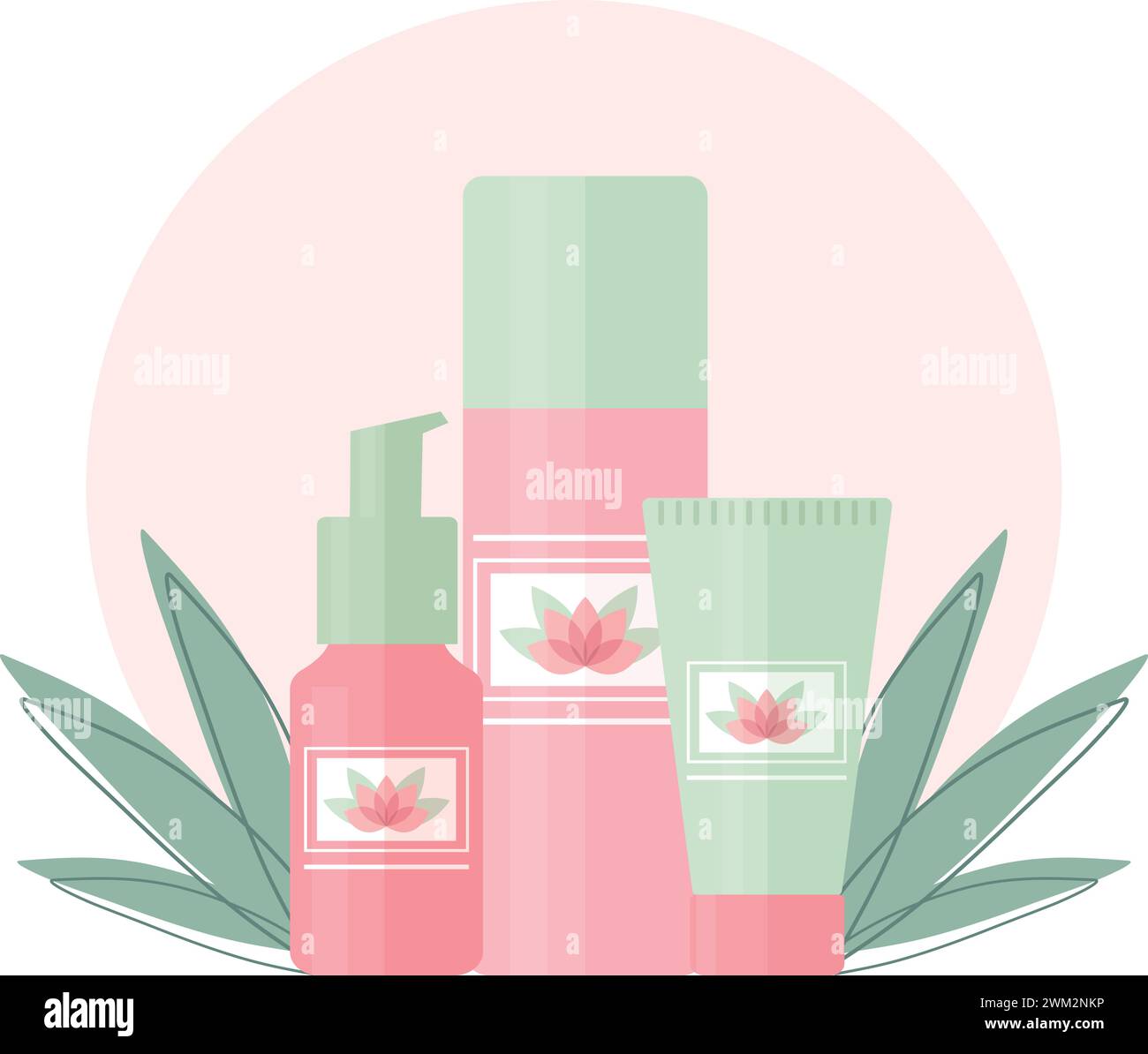 Set di tubi cosmetici con logo floreale di loto. Provette per la bellezza e la cura della pelle con crema, toner e siero. Illustrazione vettoriale Illustrazione Vettoriale