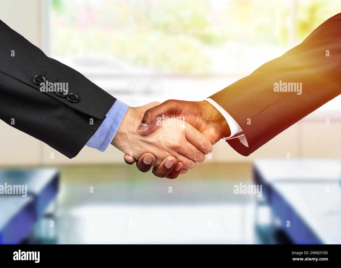 Primo piano di due uomini d'affari che scuotono le mani in un ufficio Foto Stock