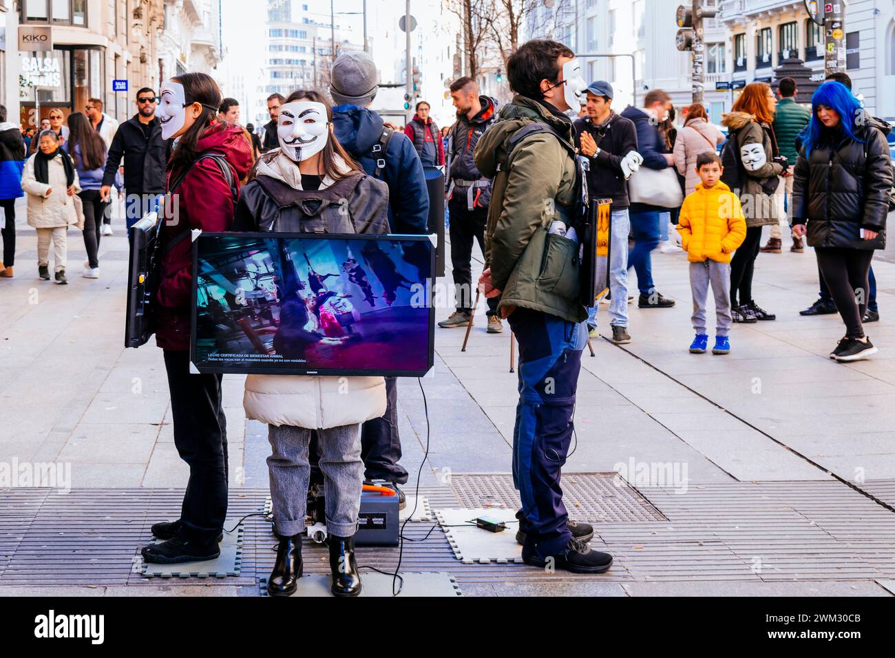 Protesta per i diritti degli animali nella Gran Vía di Madrid. Madrid, Comunidad de Madrid, Spagna, Europa Foto Stock