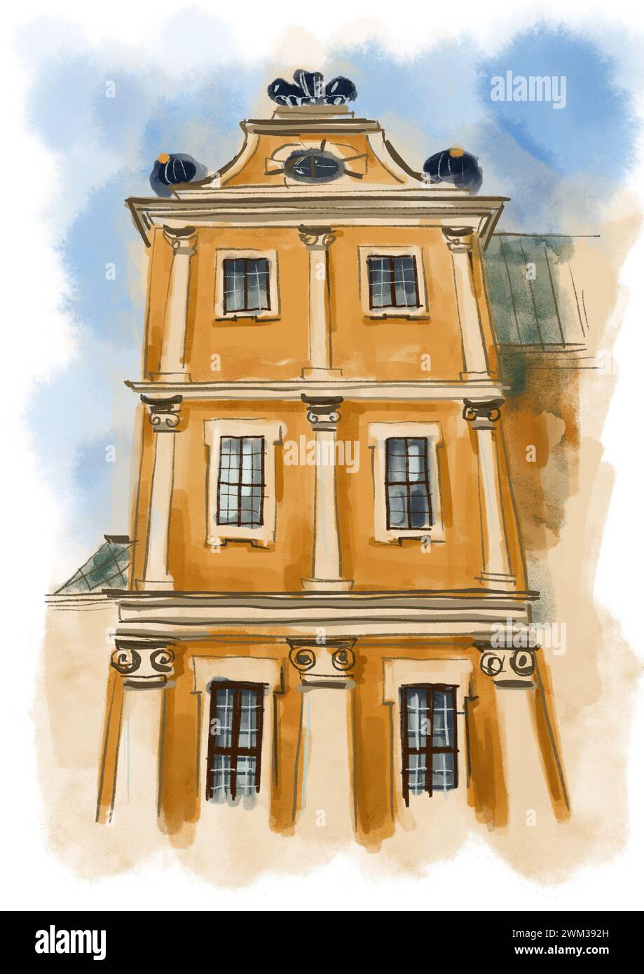Edificio con colonne, finestre e frontone. Stile architettonico classico. Illustrazione digitale acquerello, schizzo Foto Stock