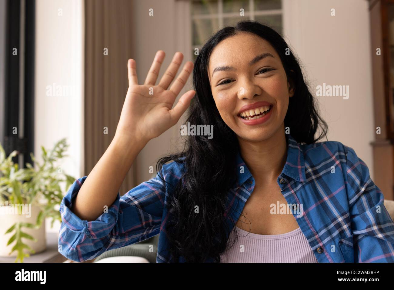 Una giovane donna birazziale ondeggia alla telecamera da casa in videochiamata Foto Stock