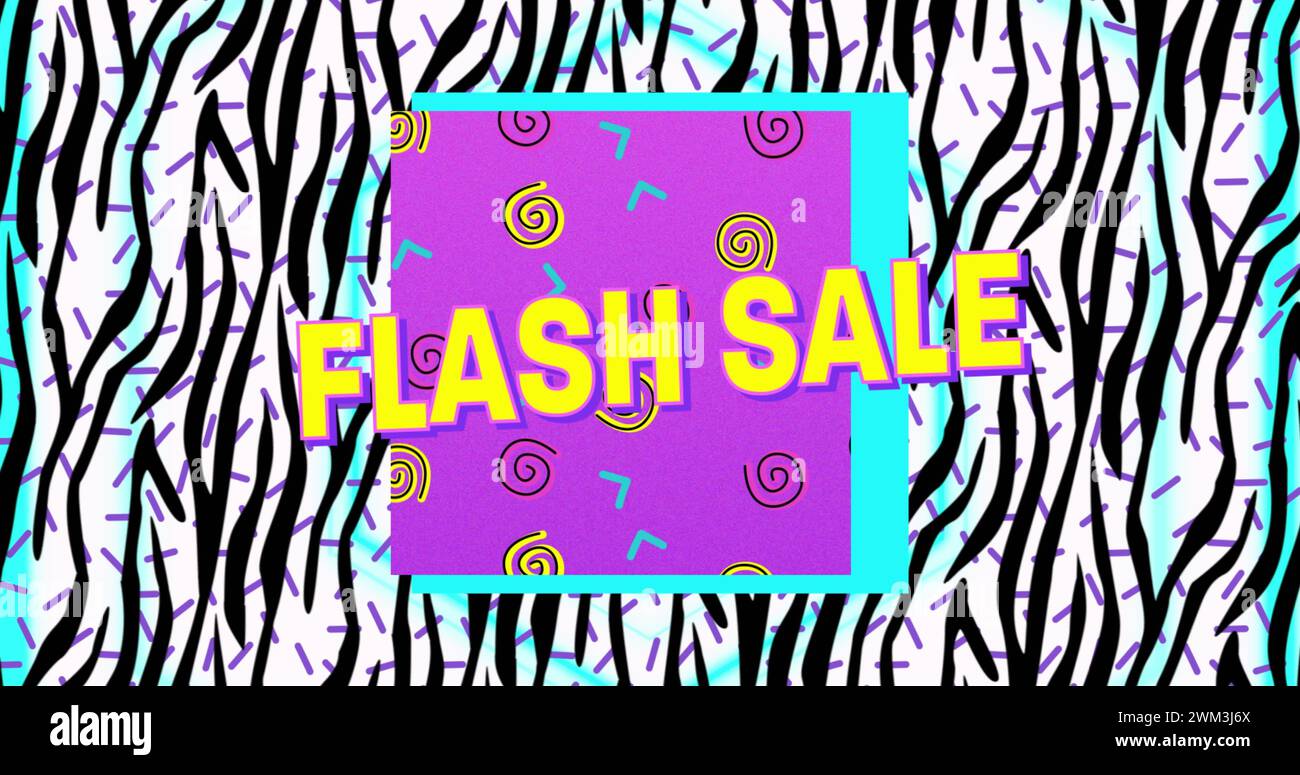 Immagine digitale del testo in vendita flash su banner viola su motivo a strisce zebrate su sfondo bianco Foto Stock