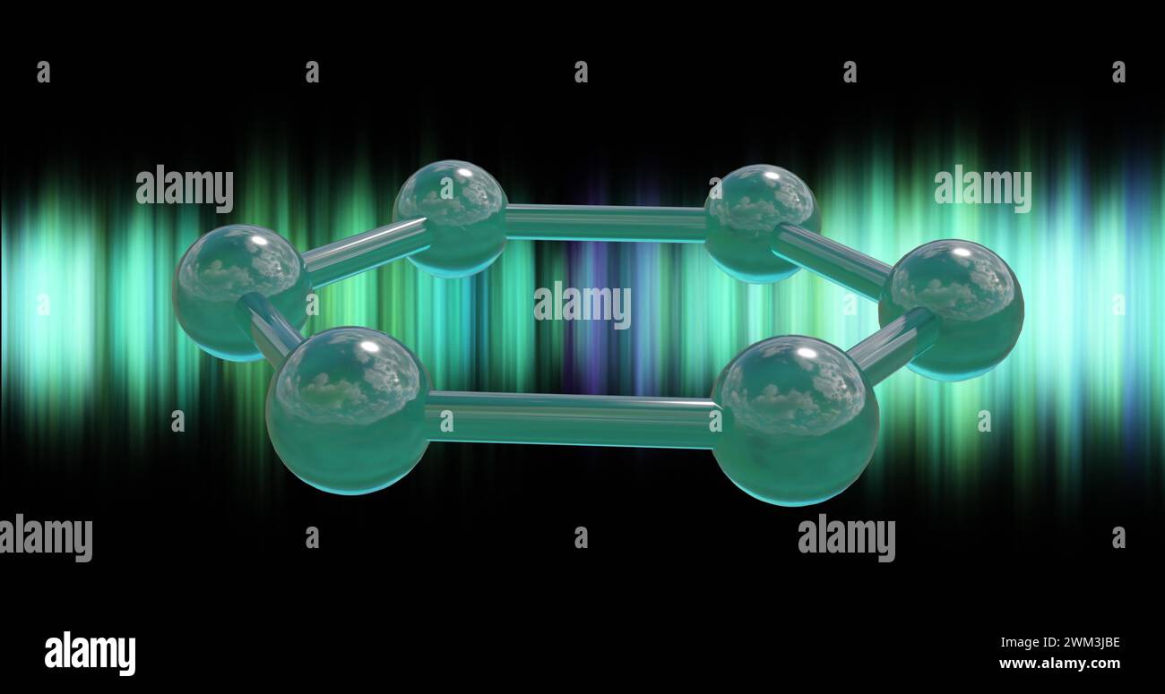 Immagine di micro molecole 3d su tracce di luce verde su sfondo nero Foto Stock