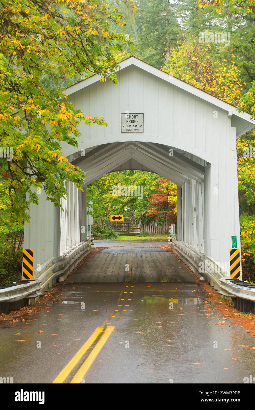 Breve ponte coperto, oltre il fiume e attraverso i boschi Scenic Byway, Linn County, Oregon Foto Stock